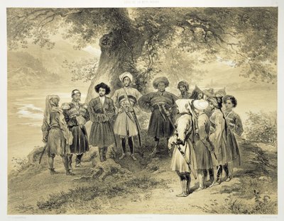 Tcherkesse hercegek találkozója, Szodja-völgy, a Fekete-tengeren, 3. tábla egy Kaukázusról szóló könyvből, Adolphe Mouilleron (1820-81) metszetében, Alfred Leon Lemercier kiadója, Párizs, 1847 alkotó: Grigori Grigorevich Gagarin